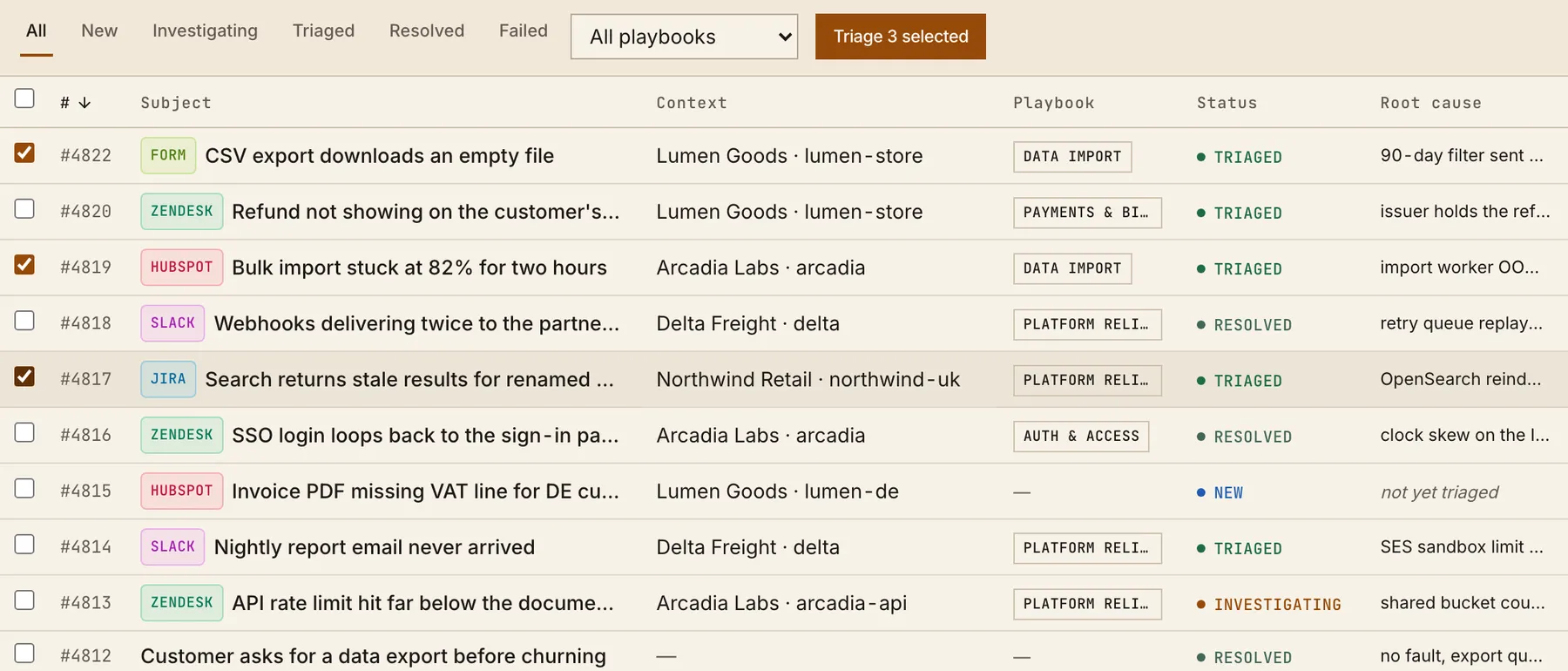The Tickets queue in the Triagic desktop app. Each ticket shows its source (form, Zendesk, HubSpot, Slack, Jira), the customer, the playbook it was routed to, its status and a one-line root cause.