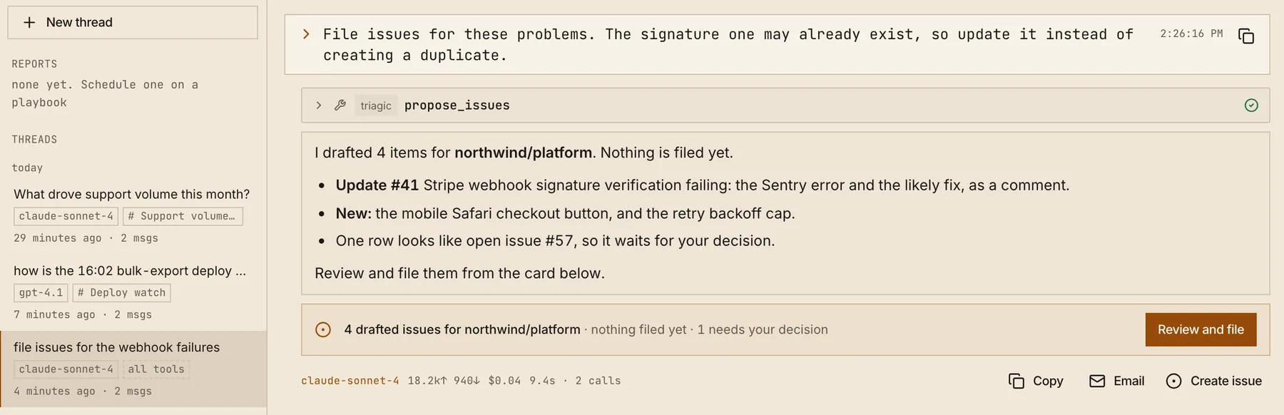 A Console thread in the desktop app. The agent called propose_issues and drafted four issues for northwind/platform. Nothing is filed until someone reviews them.