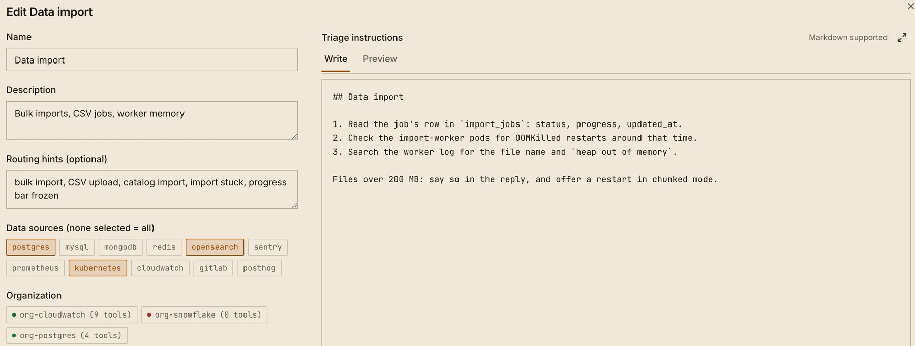 Editing the Data import playbook: routing hints, the data sources it may use (postgres, opensearch, kubernetes) and its triage instructions.